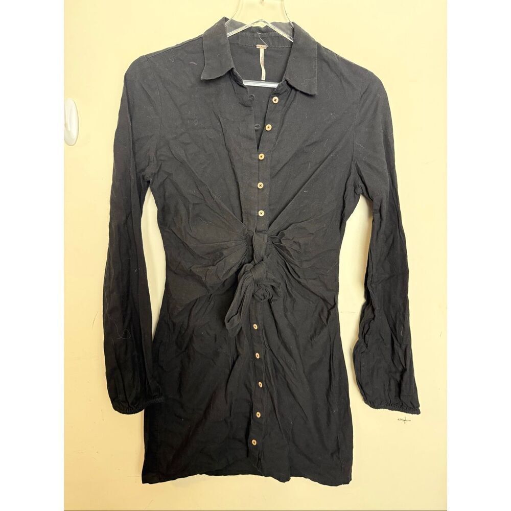 Free People Black Button Front Tunic Top Long Sleeve Tie Front Boho Casual Size